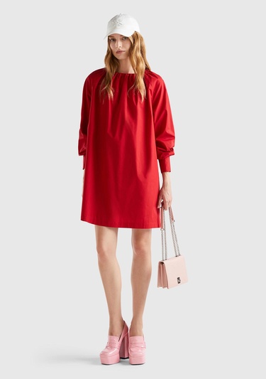  Kadın Kırmızı %100 Koton Raglan Uzun Kollu Midi Boy Elbise