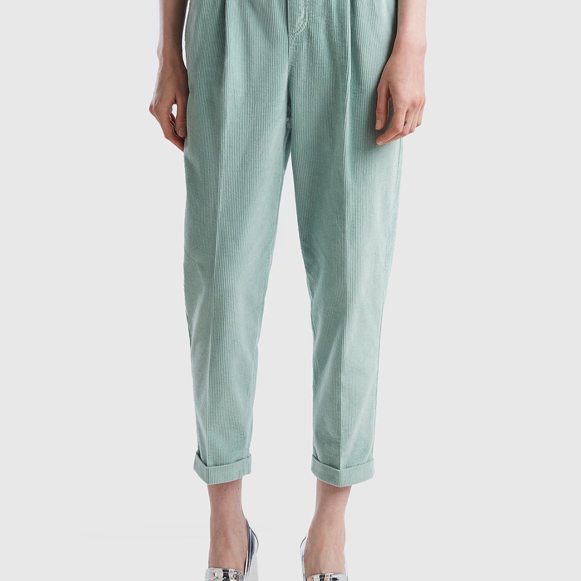 Kadın Su Yeşili Beli Lastikli Kadife Pantolon