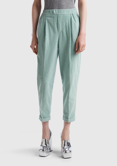  Kadın Su Yeşili Beli Lastikli Kadife Pantolon