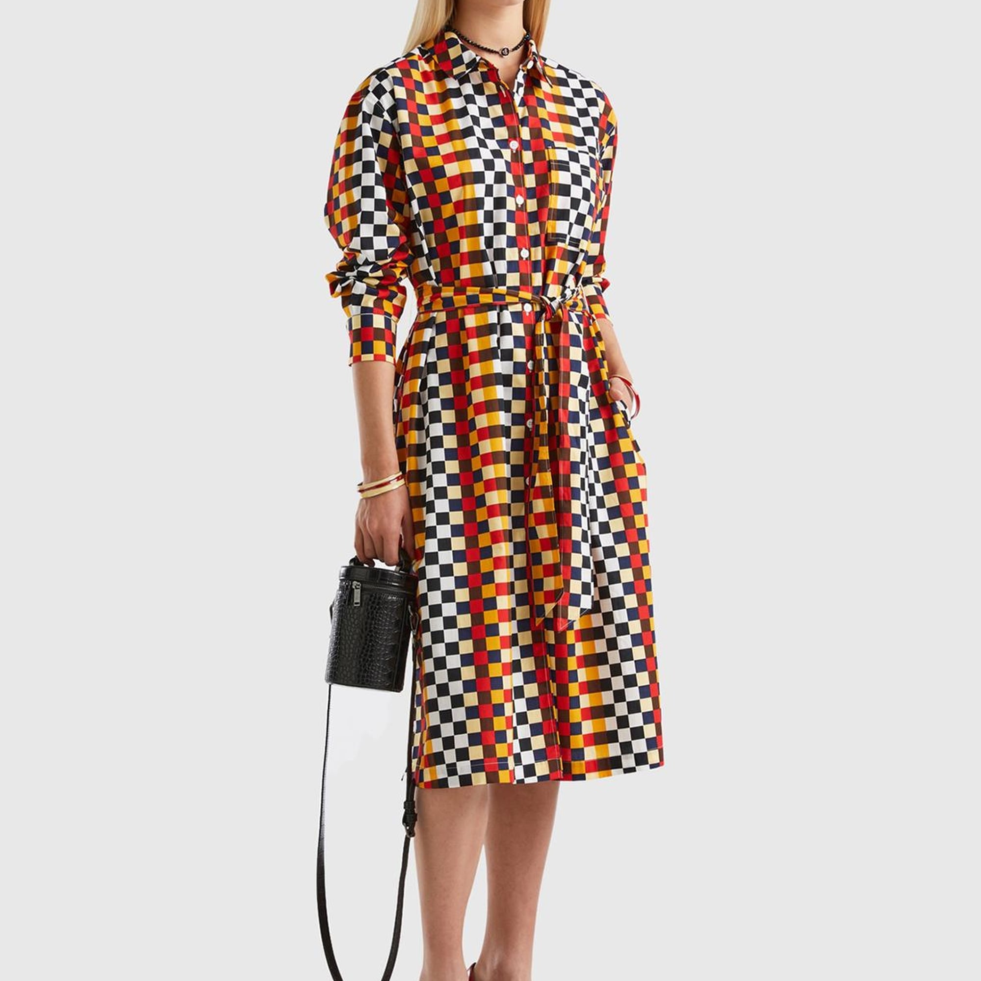 Kadın Renkli Renkli Dama Desenli Gömlek Yaka Poplin Elbise