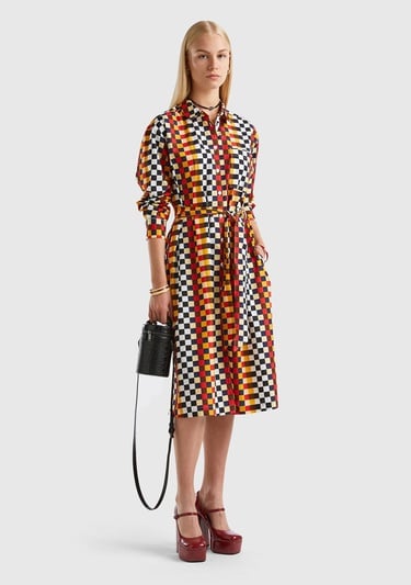  Kadın Renkli Renkli Dama Desenli Gömlek Yaka Poplin Elbise