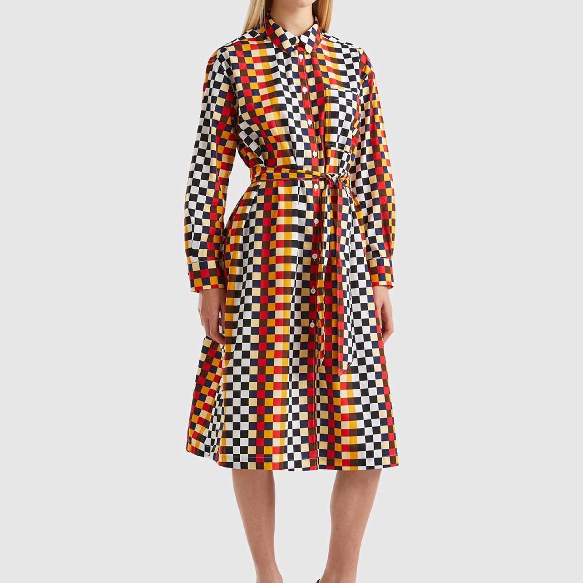 Kadın Renkli Renkli Dama Desenli Gömlek Yaka Poplin Elbise