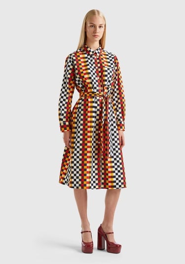  Kadın Renkli Renkli Dama Desenli Gömlek Yaka Poplin Elbise