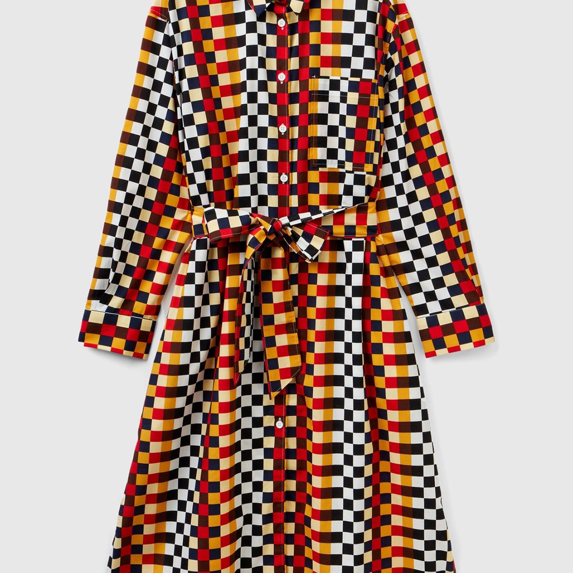 Kadın Renkli Renkli Dama Desenli Gömlek Yaka Poplin Elbise