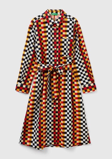  Kadın Renkli Renkli Dama Desenli Gömlek Yaka Poplin Elbise