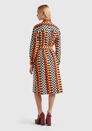  Kadın Renkli Renkli Dama Desenli Gömlek Yaka Poplin Elbise