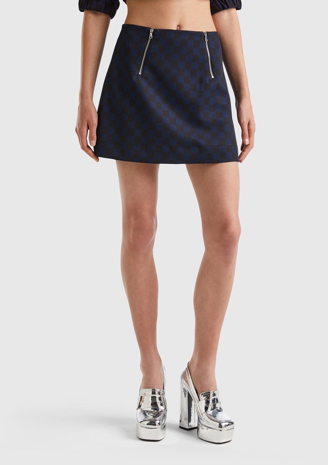  Kadın Lacivert Mix Dama Desenli Mini Etek