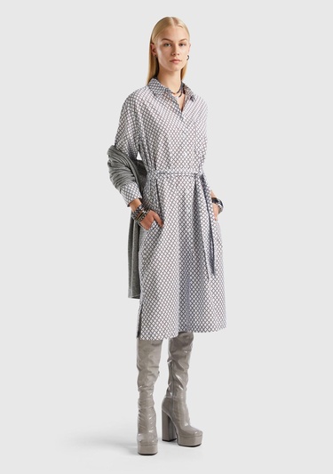  Kadın Buz Mavisi Renkli Dama Desenli Gömlek Yaka Poplin Elbise