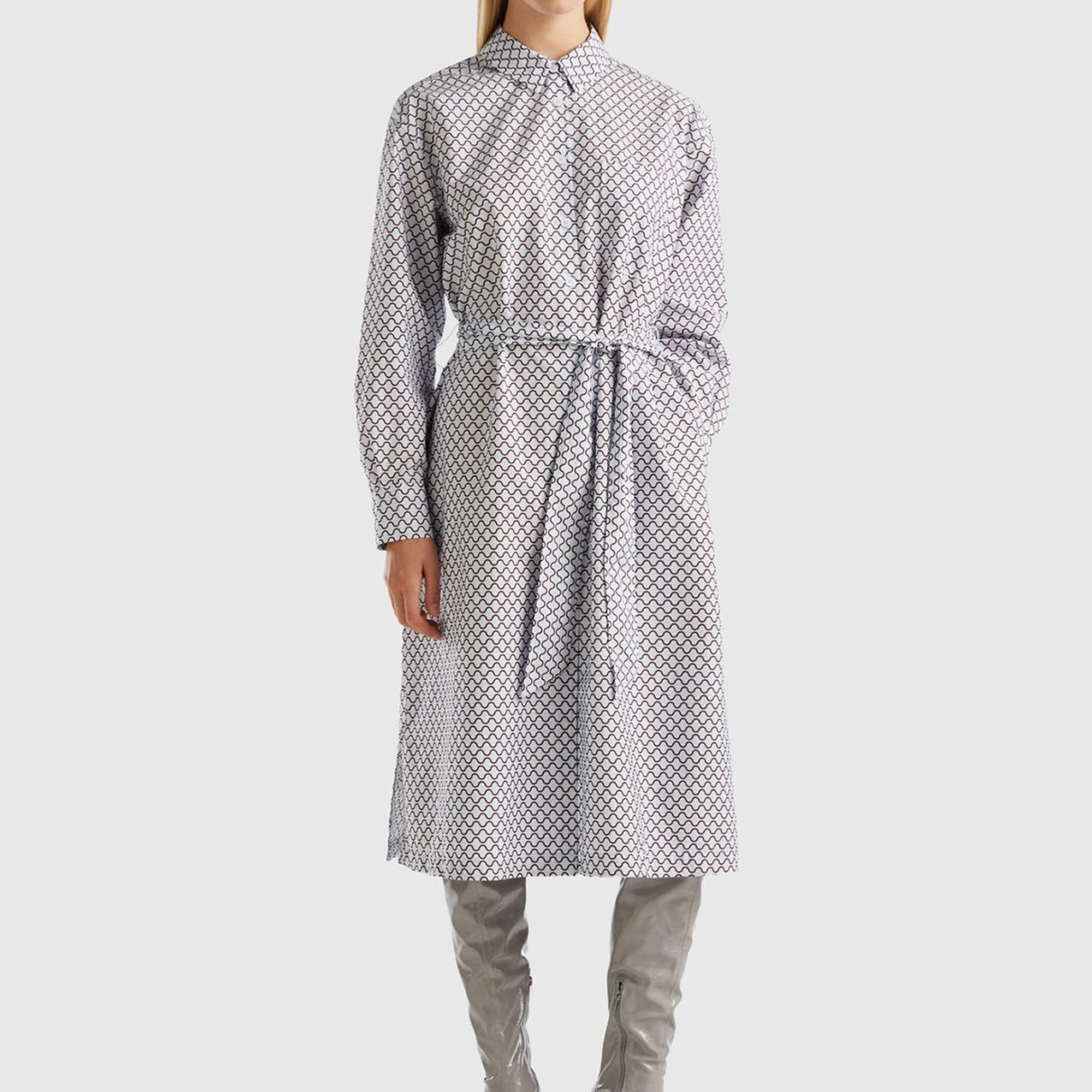 Kadın Buz Mavisi Renkli Dama Desenli Gömlek Yaka Poplin Elbise