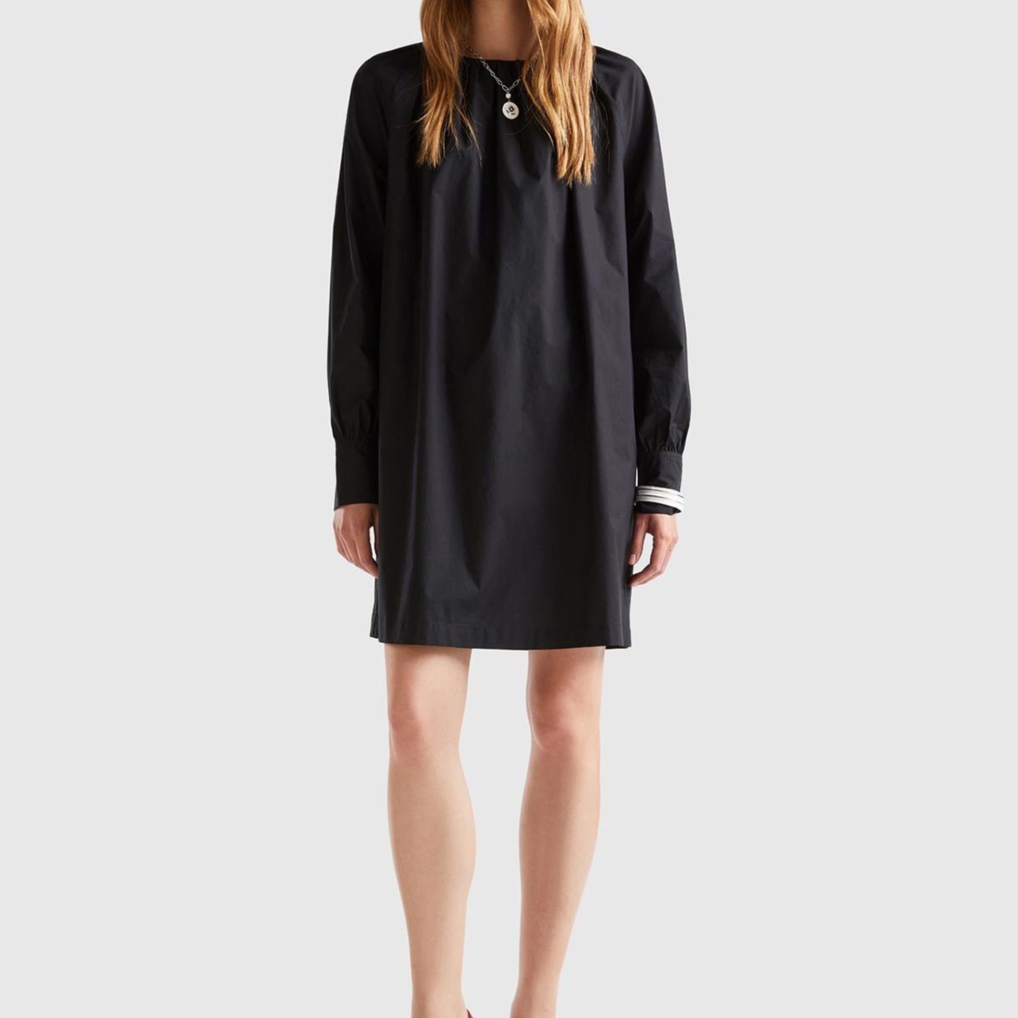 Kadın Siyah %100 Koton Raglan Uzun Kollu Midi Boy Elbise