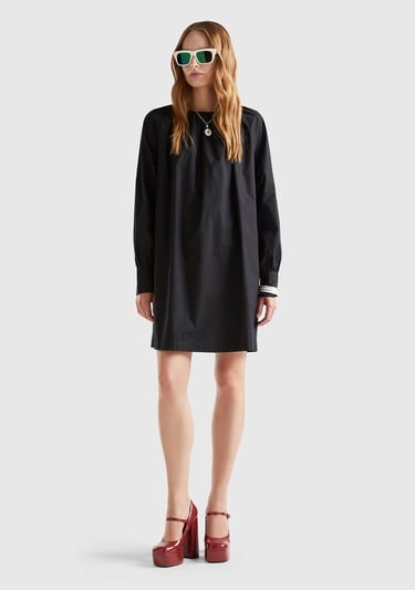  Kadın Siyah %100 Koton Raglan Uzun Kollu Midi Boy Elbise