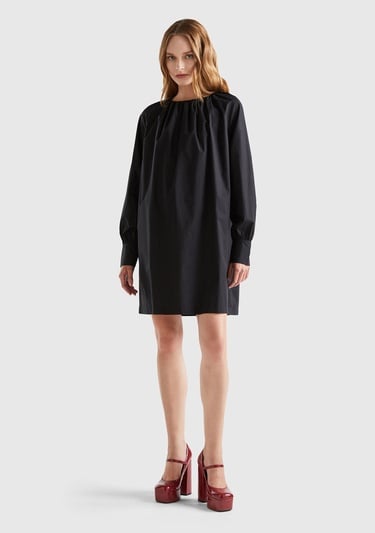  Kadın Siyah %100 Koton Raglan Uzun Kollu Midi Boy Elbise