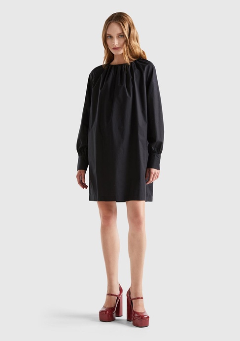  Kadın Siyah %100 Koton Raglan Uzun Kollu Midi Boy Elbise