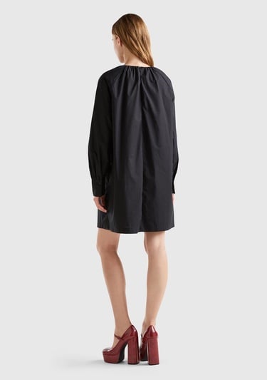  Kadın Siyah %100 Koton Raglan Uzun Kollu Midi Boy Elbise