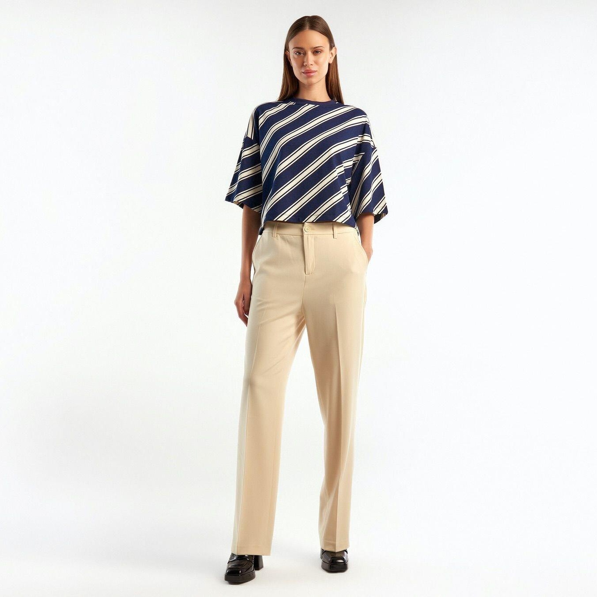 Kadın Sütlü Kahve Poliviskoz Yumuşak Dokulu Regular Fit Pantolon