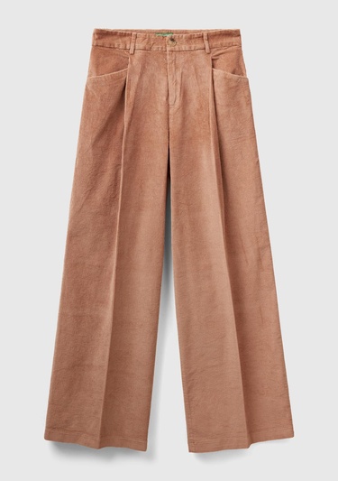  Kadın Taba Pileli Bol Paça Kadife Pantolon