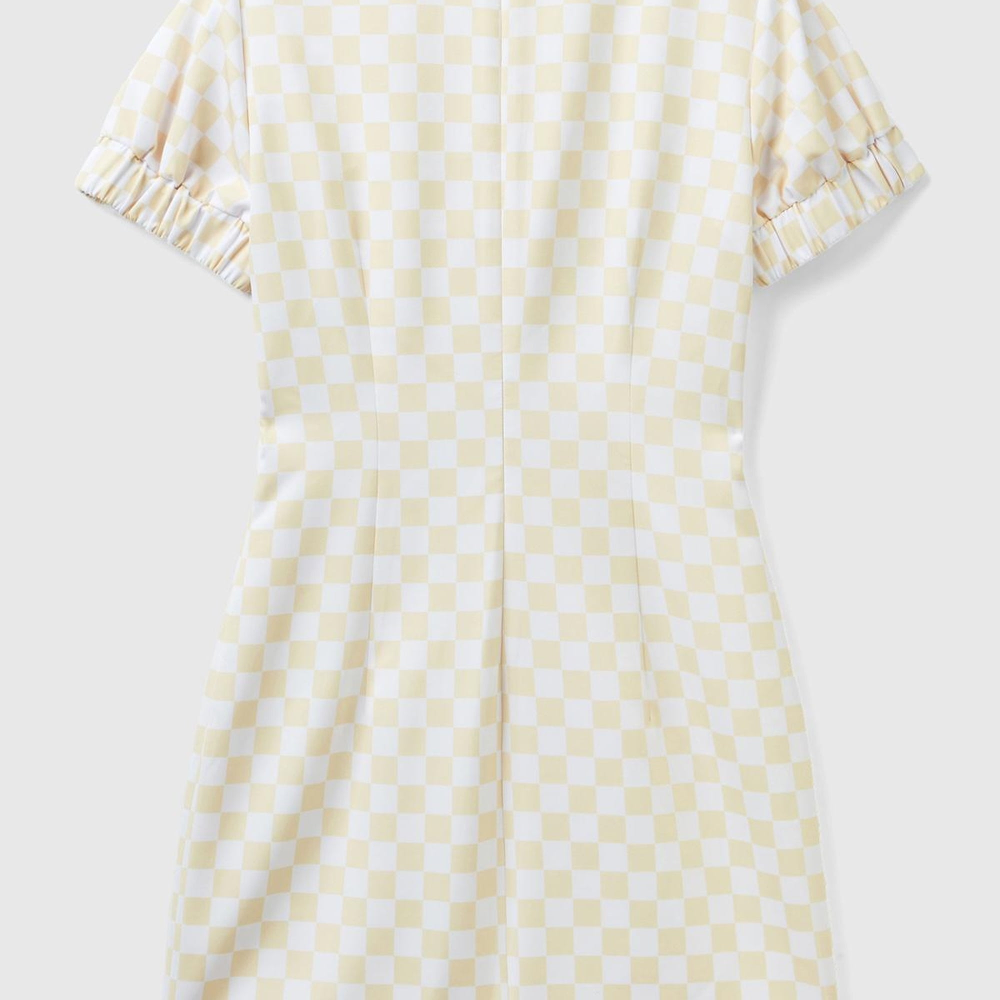 Kadın Sarı Dama Desenli Kısa Kollu Kare Yaka Elbise