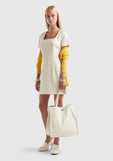  Kadın Sarı Dama Desenli Kısa Kollu Kare Yaka Elbise