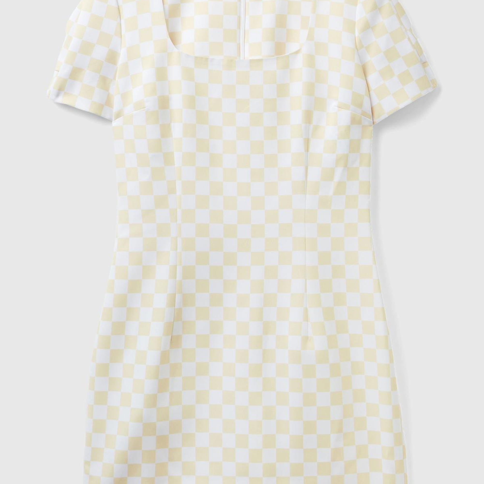 Kadın Sarı Dama Desenli Kısa Kollu Kare Yaka Elbise