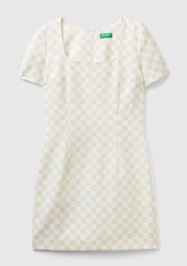  Kadın Sarı Dama Desenli Kısa Kollu Kare Yaka Elbise