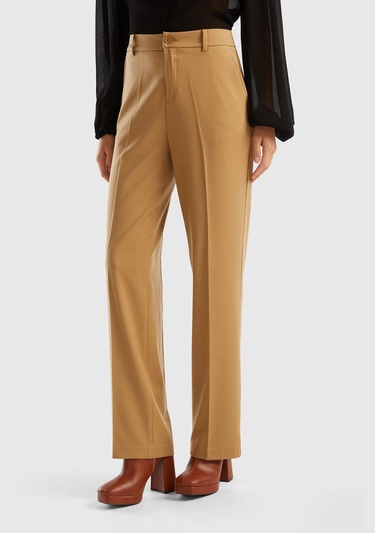  Kadın Taba Poliviskoz Yumuşak Dokulu Regular Fit Pantolon