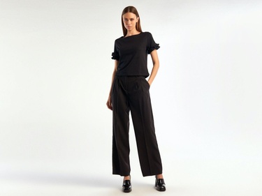  Kadın Siyah Poliviskoz Geniş Paça Pantolon