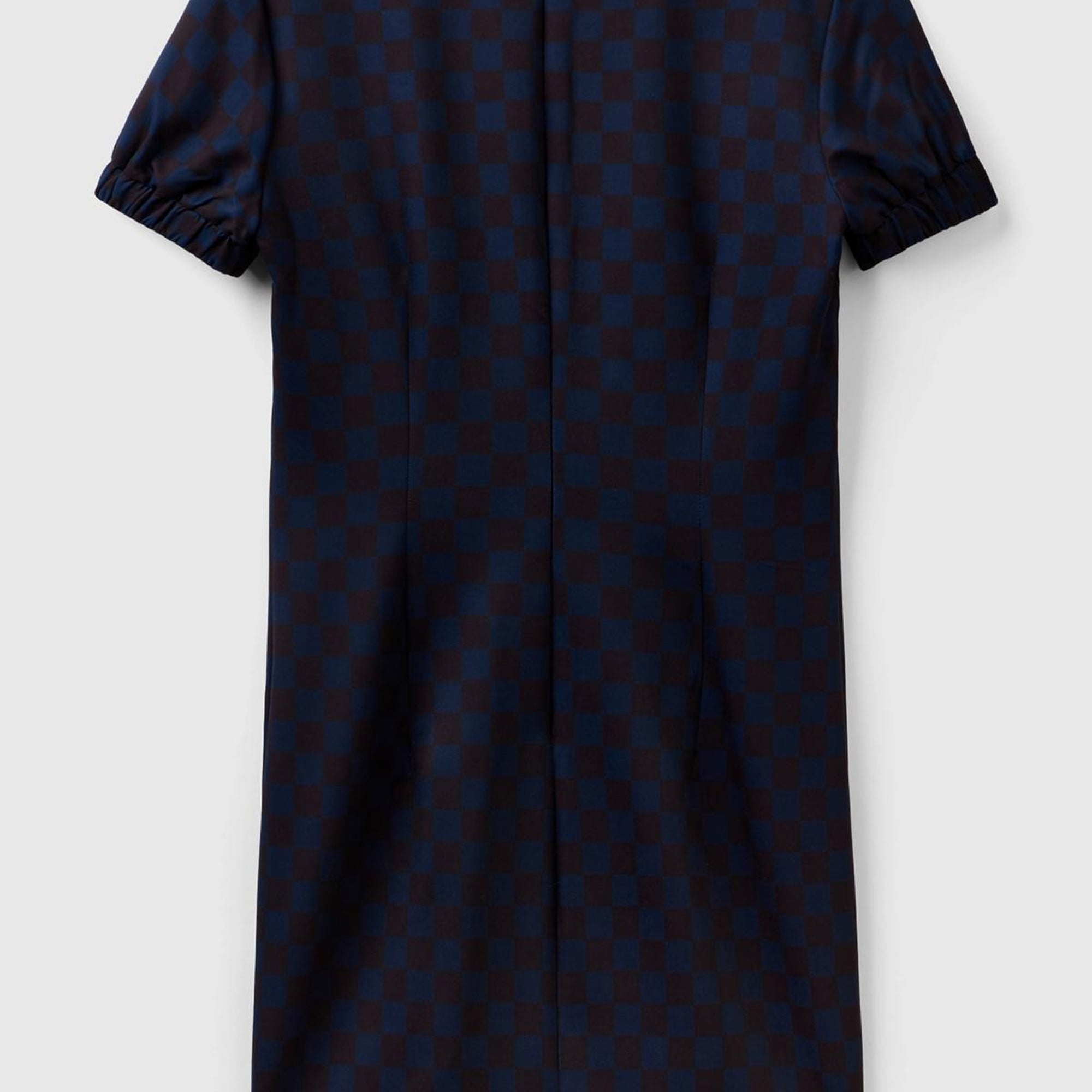 Kadın Lacivert Mix Dama Desenli Kısa Kollu Kare Yaka Elbise