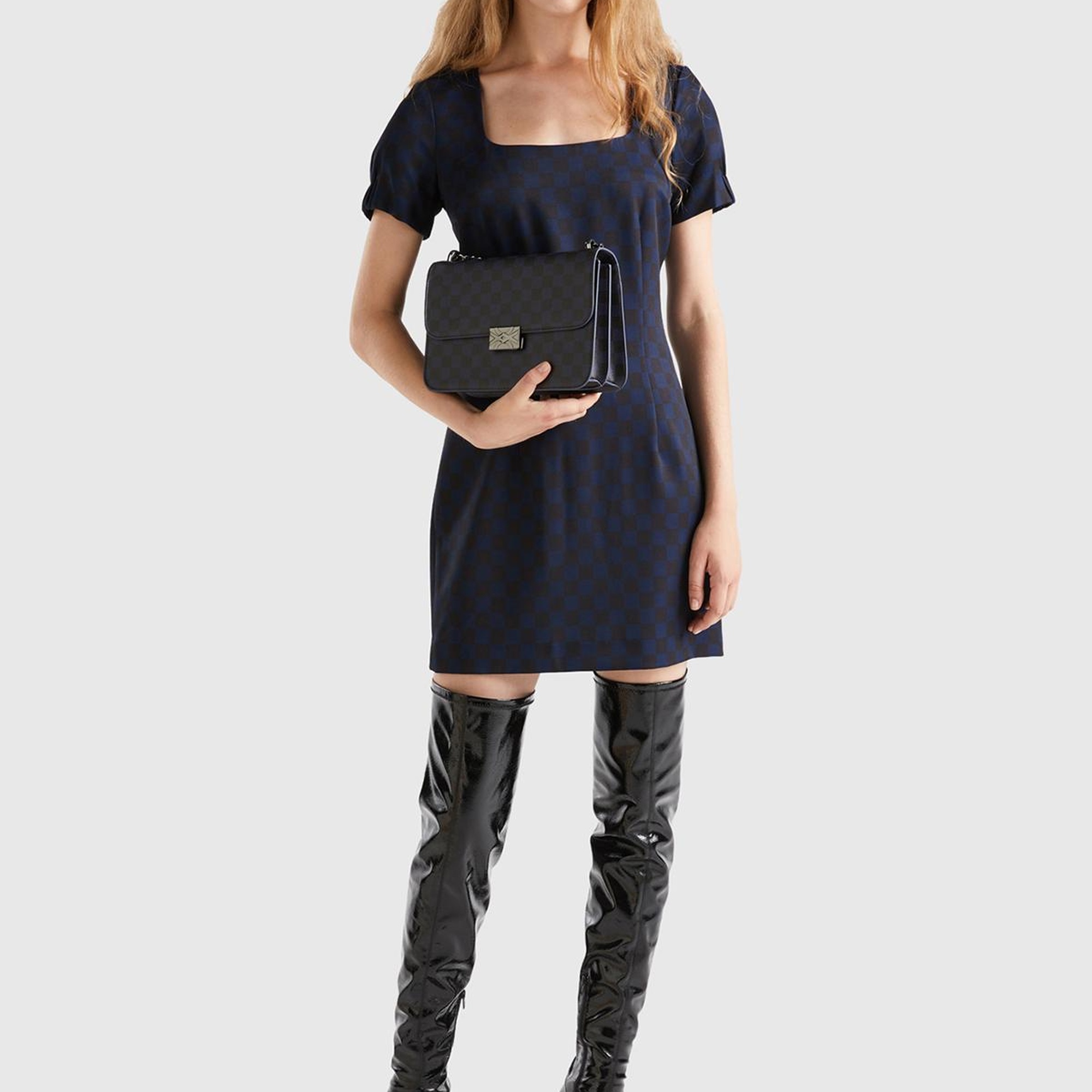 Kadın Lacivert Mix Dama Desenli Kısa Kollu Kare Yaka Elbise