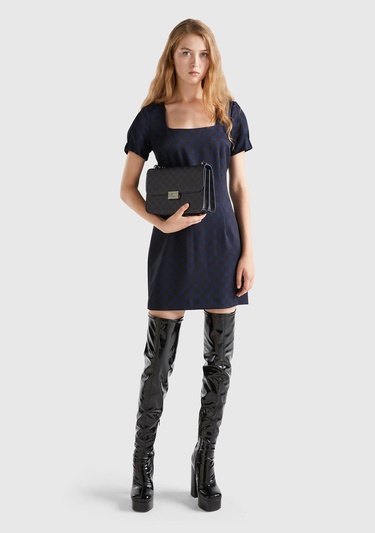  Kadın Lacivert Mix Dama Desenli Kısa Kollu Kare Yaka Elbise