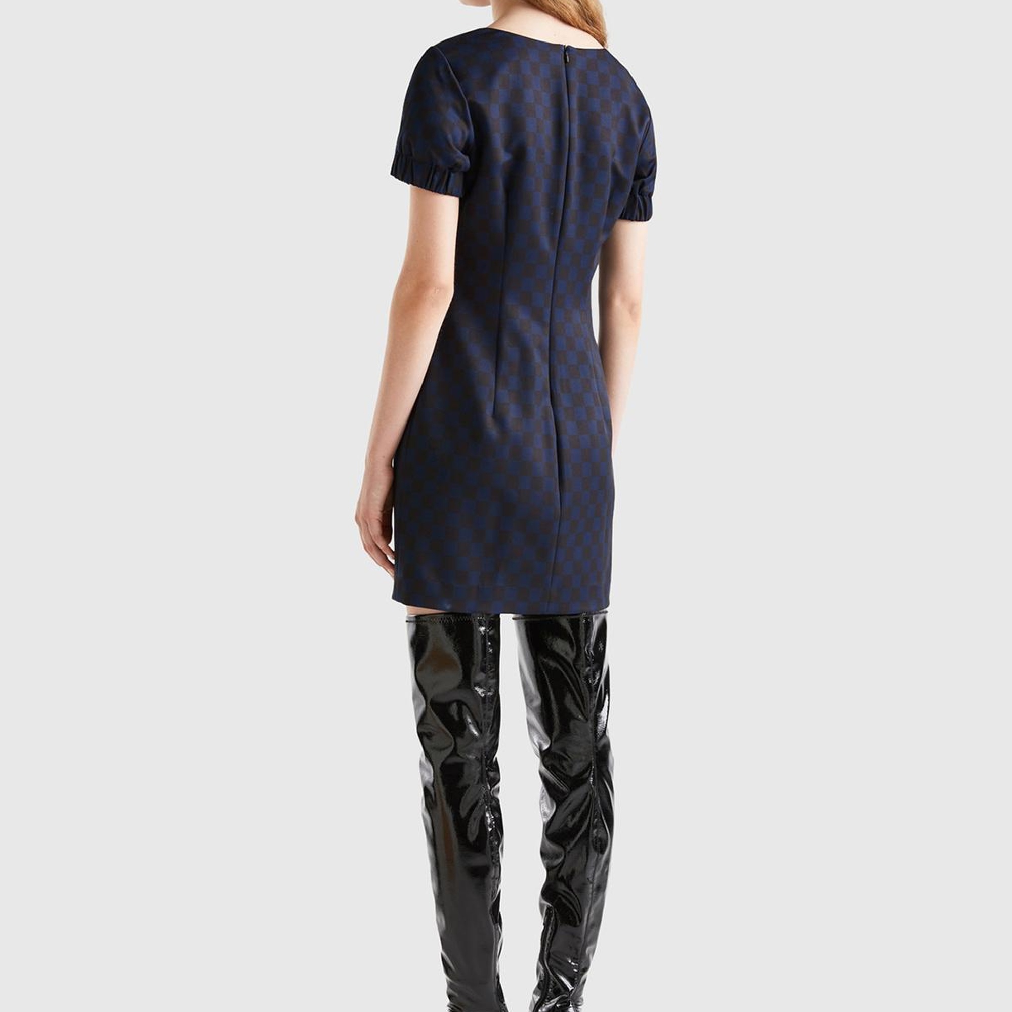 Kadın Lacivert Mix Dama Desenli Kısa Kollu Kare Yaka Elbise