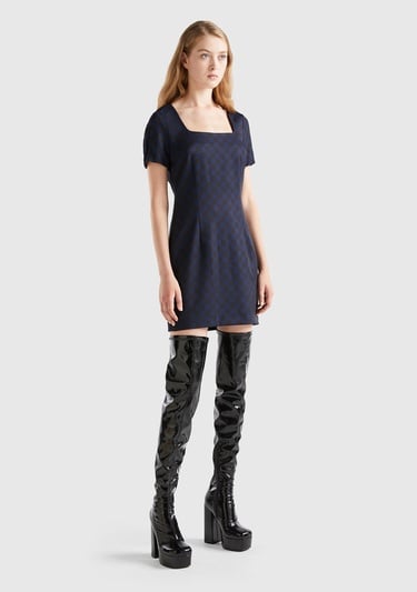  Kadın Lacivert Mix Dama Desenli Kısa Kollu Kare Yaka Elbise