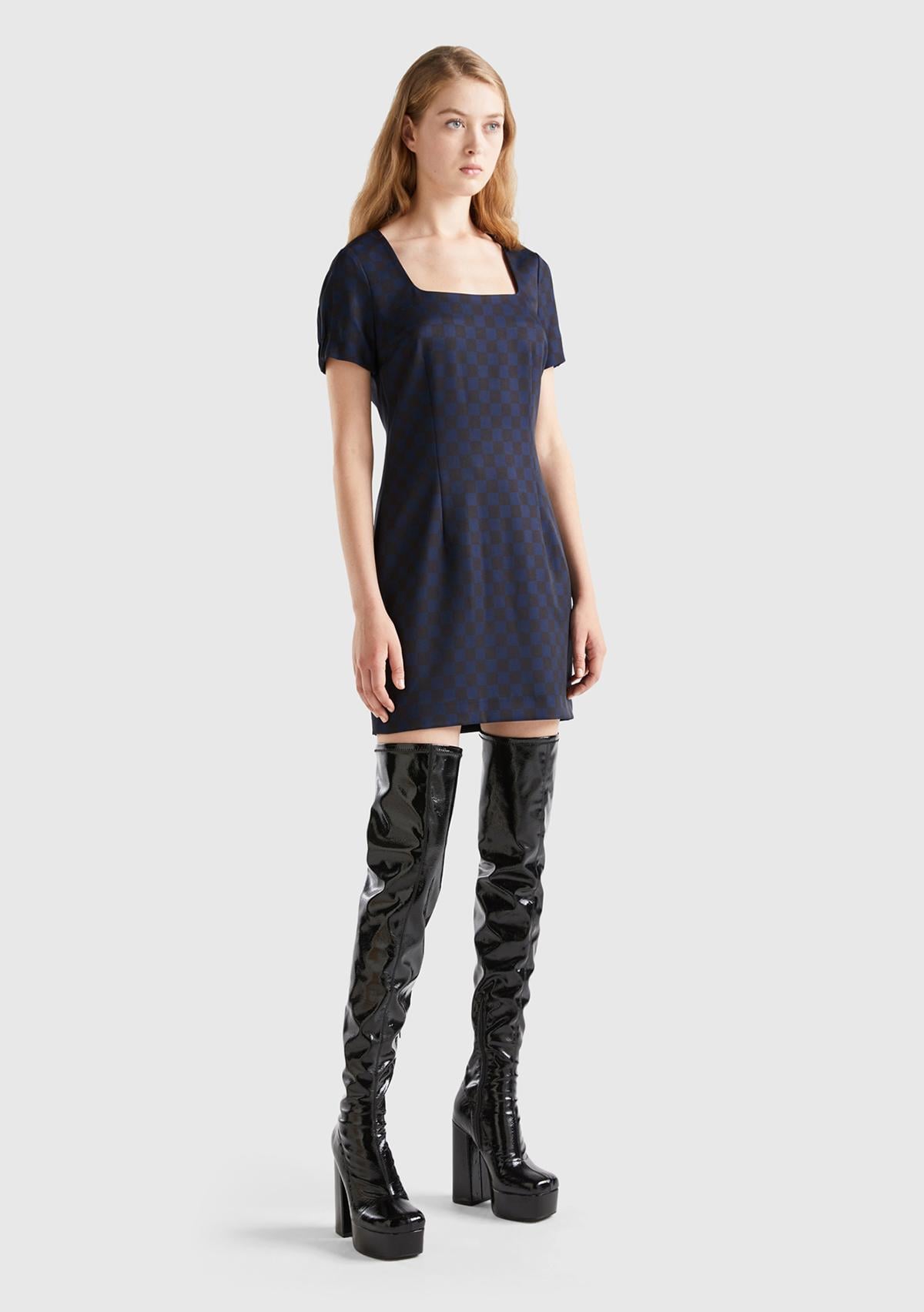  Kadın Lacivert Mix Dama Desenli Kısa Kollu Kare Yaka Elbise