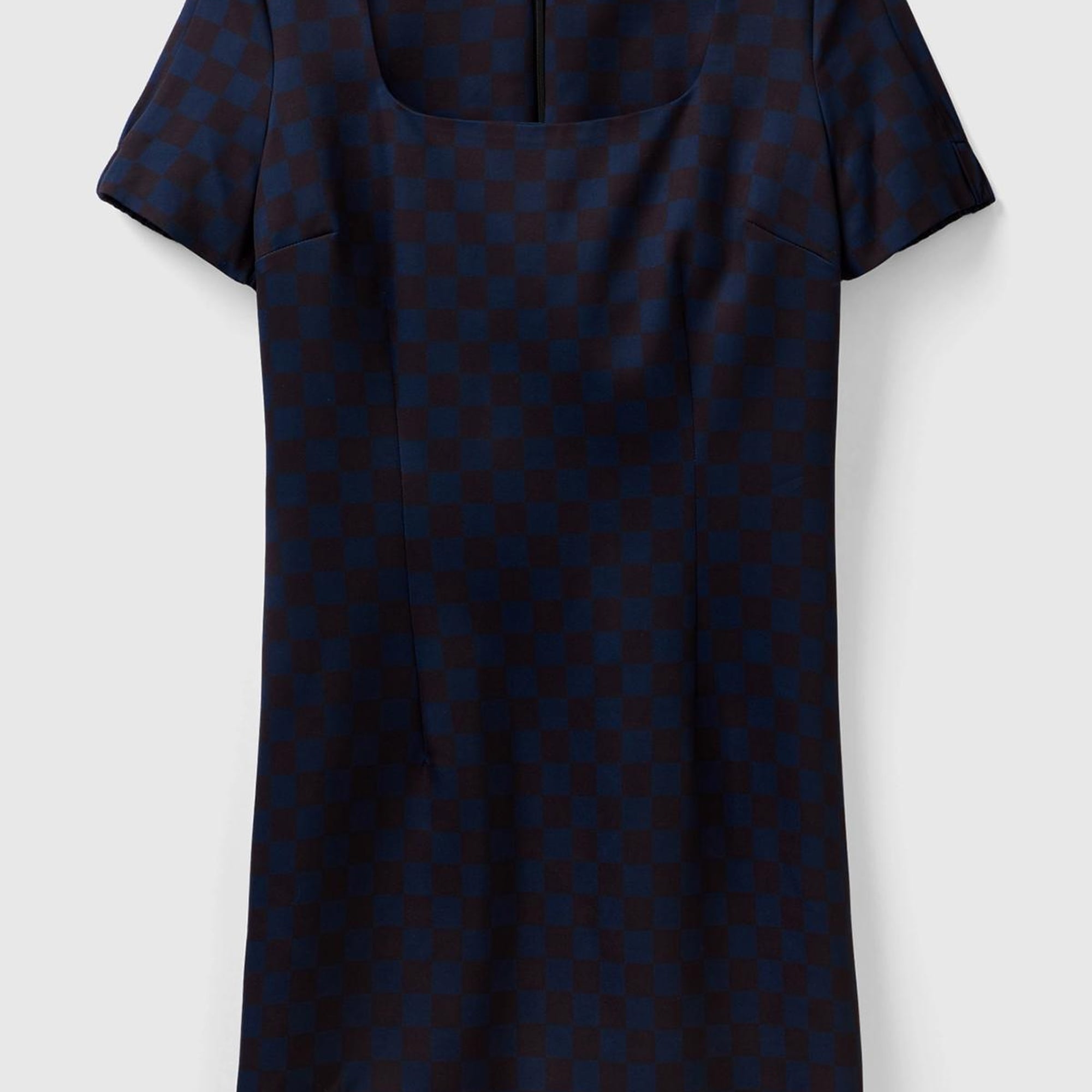 Kadın Lacivert Mix Dama Desenli Kısa Kollu Kare Yaka Elbise