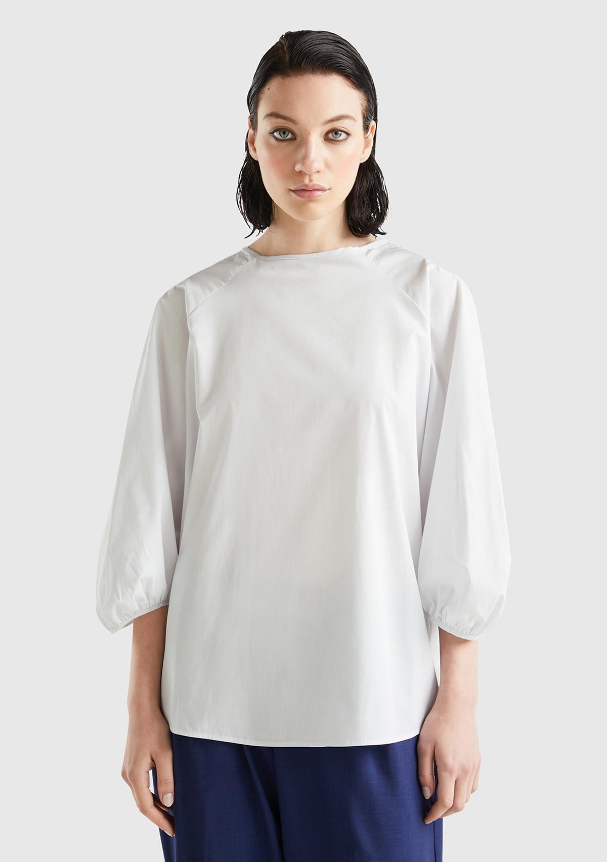  Kadın Soluk Mavi %100 Koton Balon Kollu Bluz