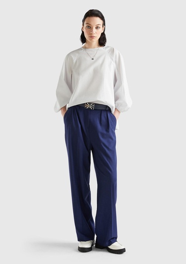  Kadın Soluk Mavi %100 Koton Balon Kollu Bluz