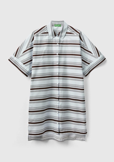  Kadın Kahverengi Mix %100 Koton Gömlek Yaka Arkası Uzun Çizgili Elbise