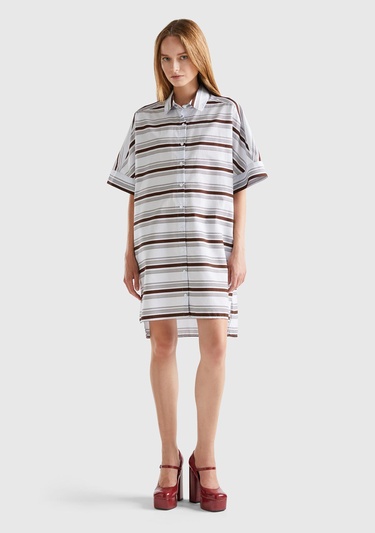  Kadın Kahverengi Mix %100 Koton Gömlek Yaka Arkası Uzun Çizgili Elbise