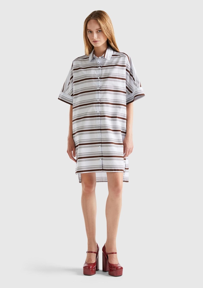  Kadın Kahverengi Mix %100 Koton Gömlek Yaka Arkası Uzun Çizgili Elbise