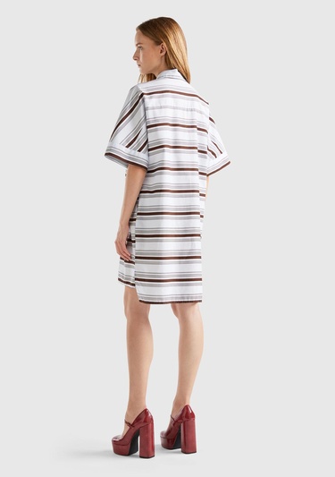  Kadın Kahverengi Mix %100 Koton Gömlek Yaka Arkası Uzun Çizgili Elbise