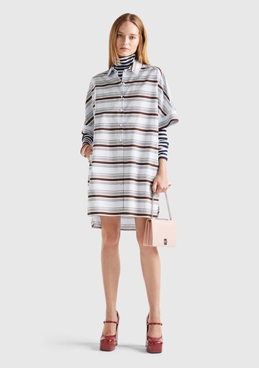  Kadın Kahverengi Mix %100 Koton Gömlek Yaka Arkası Uzun Çizgili Elbise