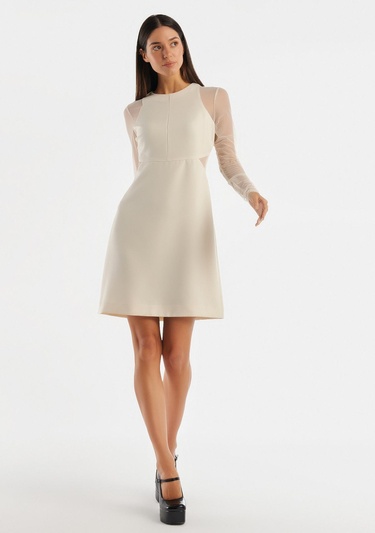  Kadın Krem Kol ve Beli Transparan Mini Elbise