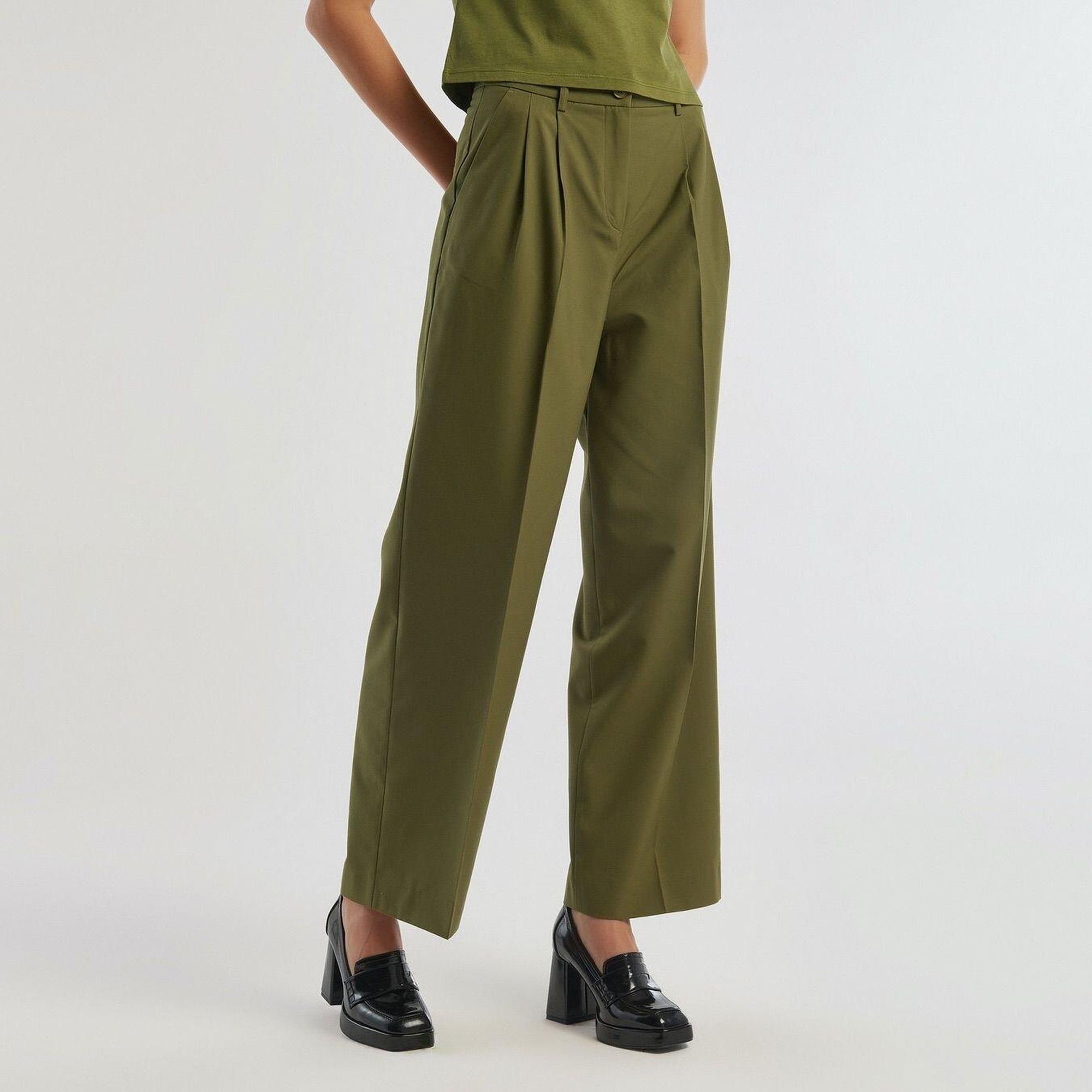 Kadın Zeytin Yeşili Poliviskoz Geniş Paça Pantolon