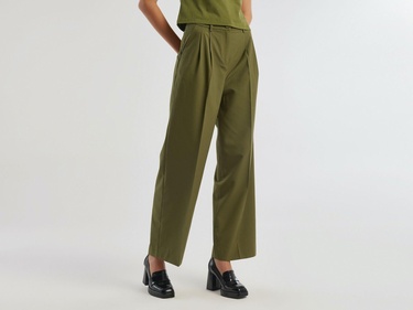  Kadın Zeytin Yeşili Poliviskoz Geniş Paça Pantolon
