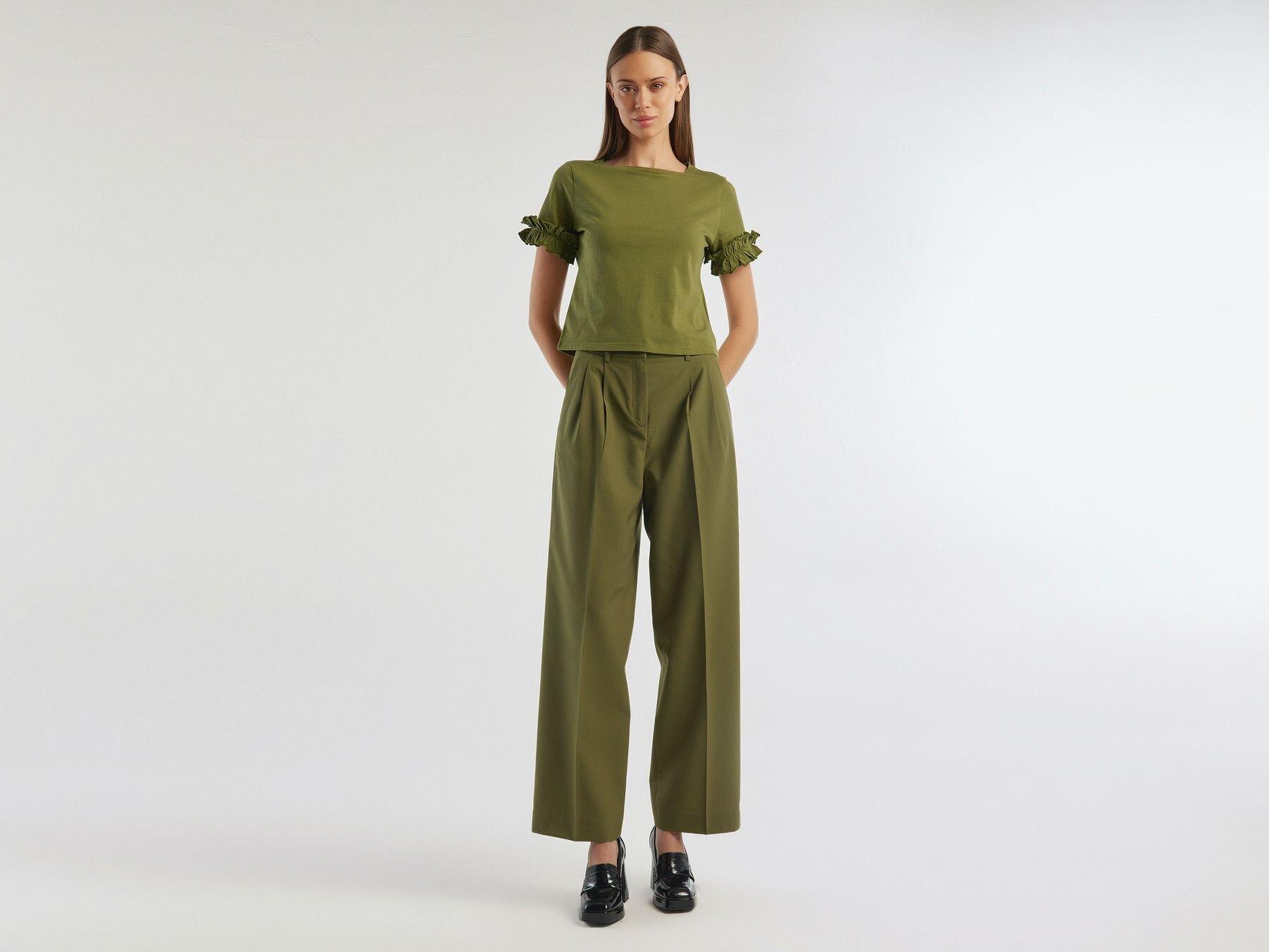  Kadın Zeytin Yeşili Poliviskoz Geniş Paça Pantolon
