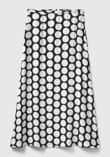  Kadın Siyah Beyaz %100 Viskoz Puantiyeli Yandan Fermuarlı Uzun Etek