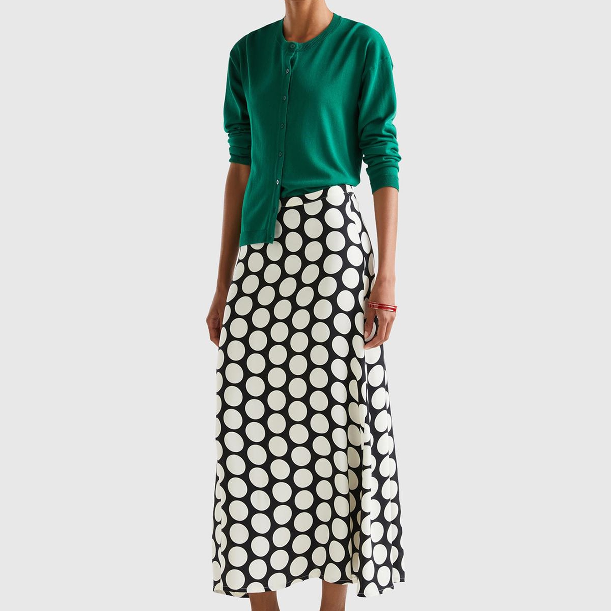 Kadın Siyah Beyaz %100 Viskoz Puantiyeli Yandan Fermuarlı Uzun Etek