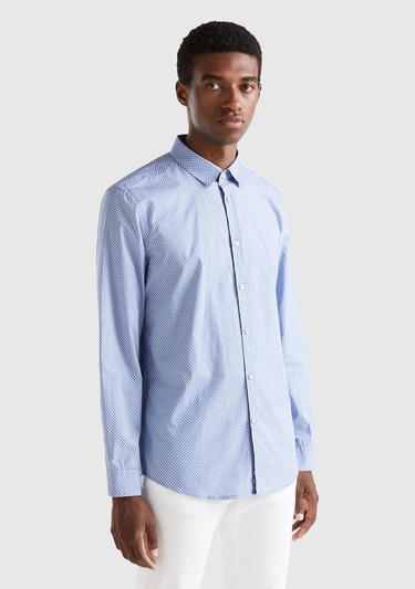  Erkek Mavi %100 Koton Desenli Gömlek
