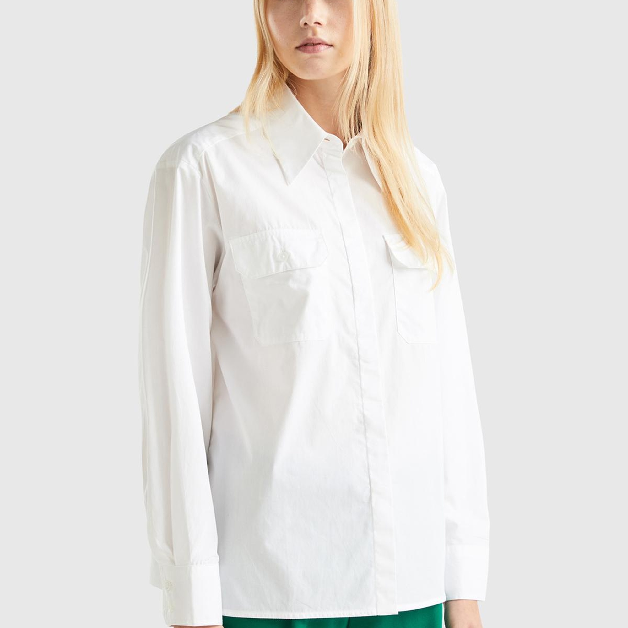 Kadın Beyaz %100 Koton 2cepli Gömlek