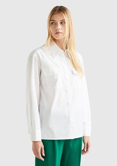  Kadın Beyaz %100 Koton 2cepli Gömlek