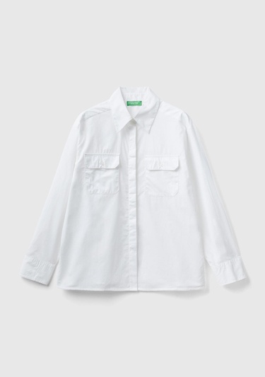  Kadın Beyaz %100 Koton 2cepli Gömlek